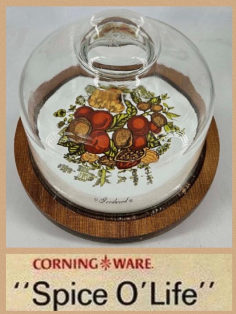Corningware Vintage 1970's Good Wood Spice of Life 7.5” Tray & Glass Dome - Picture 1 of 8